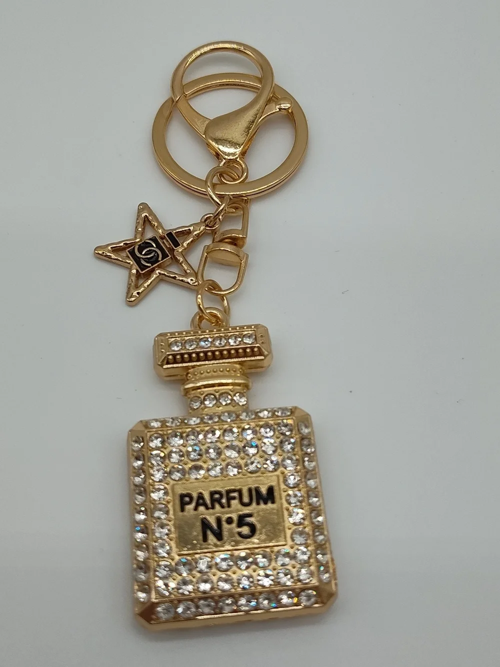 Parisian Perfume Bottle Crystal Bag Charm Keychain Gold Tone
